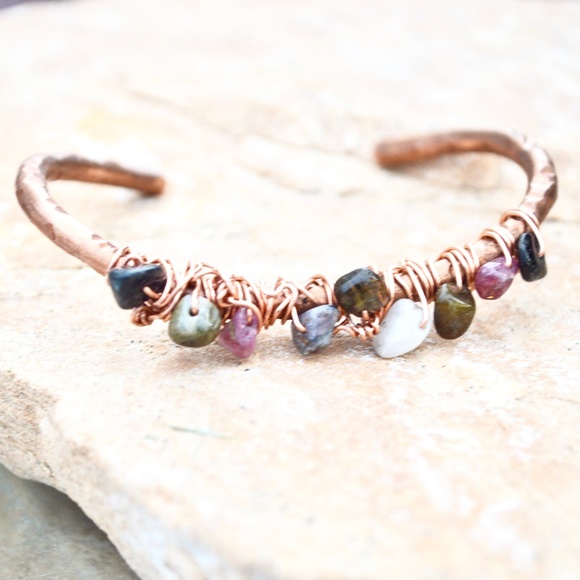 Pink Black Green Tourmaline Copper Cuff Bracelet - Picture 3 of 9